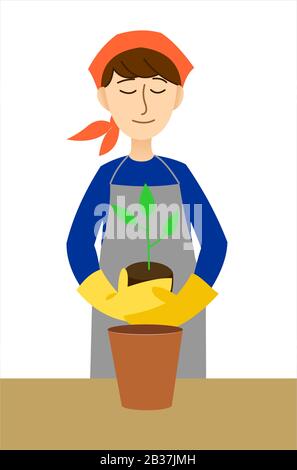 Portrait d'une jeune femme portant des combinaisons plantant une plante dans un pot de fleur. Une fille dans un tablier, un foulard et des gants transplante une fleur ou un arbre. Illustration de Vecteur