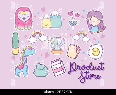 Kawaii magasin dessins animés, expression mignon personnage drôle et émoticône thème illustration vectorielle Illustration de Vecteur