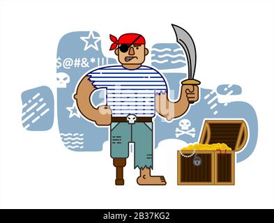 Pirate À Œil Unique Avec Un Sabre, Dans Un Bandana, Avec Une Jambe Prothétique En Bois, Personnage De Dessin Animé. Pirate En Colère Avec Un Coffre D'Or. Pour Halloween. Pour Pri Illustration de Vecteur