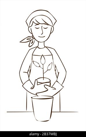 Portrait d'une jeune femme portant des combinaisons plantant une plante dans un pot de fleur. Une fille dans un tablier, un foulard et des gants transplante une fleur ou un arbre. Illustration de Vecteur