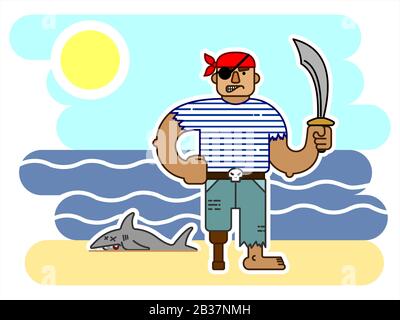 Pirate À Œil Unique Avec Un Sabre, Dans Un Bandana, Avec Une Jambe Prothétique En Bois, Personnage De Dessin Animé. Pirate En Colère Par La Mer, Près D'Un Requin Mort. Pour L'Impression Illustration de Vecteur