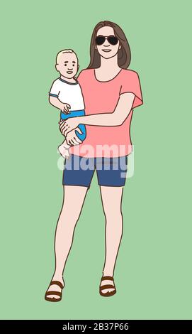 Une jeune femme en lunettes, tee-shirt et short tient un petit enfant dans ses bras. Illustration de Vecteur