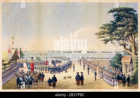 Atterrissage du Commodore Perry, officiers et hommes de l'escadron pour rencontrer les commissaires impériaux à Yokohama, Japon, 8 mars 1854, imprimer 1855 Banque D'Images