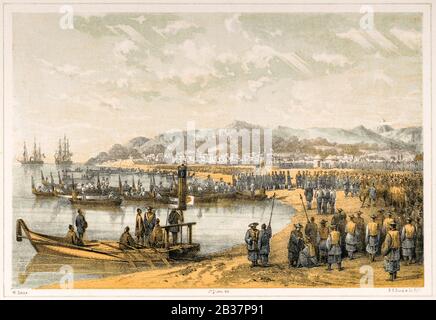 First Landing of Americans in Japan at Kurihama, 14 juillet 1853, sous le Commodore Matthew C Perry, imprimer vers 1856-1907 Banque D'Images