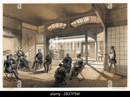 Commodore Matthew C Perry lors de négociations commerciales dans la salle de conférence de Hakodadi, Japon, imprimer 1856 Banque D'Images