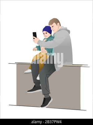 Papa et son fils font selfie. Le père et le fils sont assis et prennent des photos. Illustration vectorielle plate moderne sur fond blanc. Illustration de Vecteur