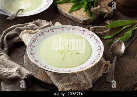 Soupe crémeuse à base de feuilles d'ail sauvages fraîches collectées au début du printemps Banque D'Images