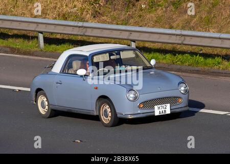 1991 90s Lapis Grey Nissan Figaro; voitures classiques, historiques, chers, anciens timers,Ancien combattant de collection restauré, véhicules d'antan arrivant pour l'événement automobile historique de Mark Woodward à Leighton Hall, Carnforth, Royaume-Uni Banque D'Images