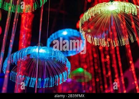 Guirlande de lumières et de réflexions de bokeh au néon bleu rouge. Banque D'Images