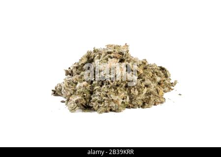 Feuilles d'artichaut séchées ou dans le tas latin de cynarae folium isolé sur fond blanc. Herbes médicinales de guérison. Médecine de fines herbes. Médecine alternative Banque D'Images