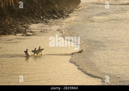 Groupe de surfeurs qui vont surfer dans l'océan au coucher du soleil. Ericeira Portugal Banque D'Images