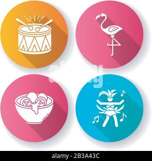Jeu d'icônes de glyphes d'ombre à motif plat et carnaval brésilien. Musique traditionnelle. Arancini. Défilé de tambour festif. Festival national. Pain au fromage. Samba Illustration de Vecteur