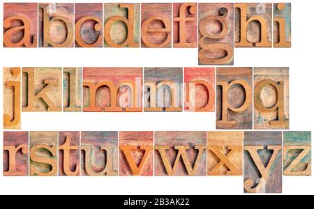 Alphabet minuscule anglais complet - collage haute résolution de 26 blocs d'impression typographique isolés en bois vintage, taché par des encres de couleur Banque D'Images