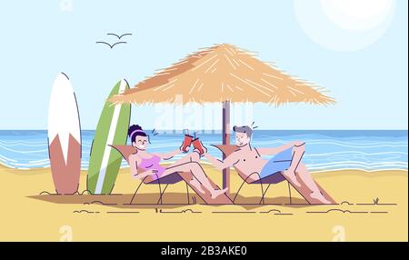 Quelques surfeurs sur l'illustration du caniche plat de plage. Homme et femme sur des chaises longues avec boissons au bord de la mer. Vacances d'été. Indonésie tourisme 2 D dessin animé Illustration de Vecteur