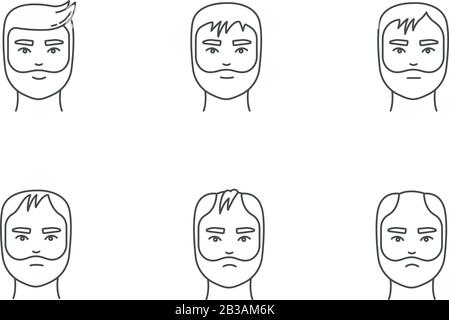 Jeu d'icônes linéaires parfaites pour les pixels de perte de cheveux. Étapes du processus de calvitie. Conditions d'alopécie masculine. Symboles de contour de ligne mince personnalisables. Vecteur isolé Illustration de Vecteur