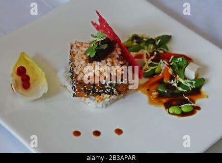 Riz japonais collant au style sushi de saumon cru Banque D'Images