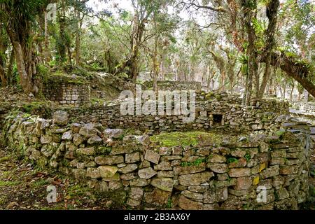 Vestiges de maisons rondes en pierre à l'intérieur de la ville perdue de l'ancienne forteresse de Kuelap, site archéologique dans la région d'Amazonas dans le nord du Pérou Banque D'Images