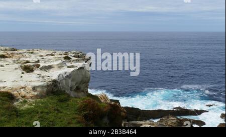 Côte de la mer avec des vagues qui s'écrasent sur les rochers. Monter avec de l'herbe et du calcaire. Banque D'Images