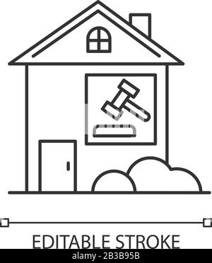 Icône linéaire parfaite de pixel de procès immobilier. Litige juridique de location. Litige de propriété, cas. Illustration personnalisable en ligne fine. Symbole de contour Illustration de Vecteur