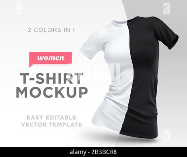 Modèle réaliste Blanc Blanc et Noir Femme T-shirt vêtements coton. Illustration De Maquette Vide Illustration de Vecteur