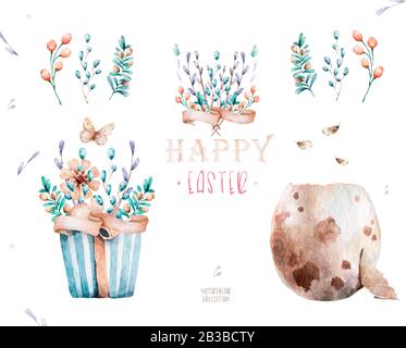Set de Pâques aquarelle Happy, œufs colorés à fleurs et fleurs printanières, isolé sur fond blanc, illustration d'aquarelle vintage pour le design Banque D'Images