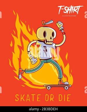 Imprimé affiche, carte ou t-shirt avec skater à motif squelette élégant. Illustration tendance de style hipster Illustration de Vecteur