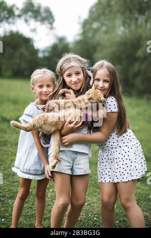 Trois petites filles sœurs jouant et petting Red Cat. Animal domestique en famille avec enfants. Enfants avec animaux domestiques. La vie et les vacances du pays Banque D'Images