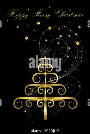 L'arbre de Noël d'or et heureux Joyeux Noël avec la diffusion de l'étoile d'or et spirale de perles sur fond noir Banque D'Images