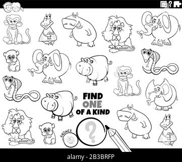 Black And White Cartoon Illustration De Trouver Une Des Sortes De Photo Jeu Éducatif Avec Happy Wild Animal Personnages Coloring Book Page Illustration de Vecteur