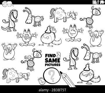 Black And White Cartoon Illustration De Trouver Deux Mêmes Images Jeu Éducatif Pour Enfants Avec Des Personnages Fantaisie Drôle Coloring Book Page Illustration de Vecteur