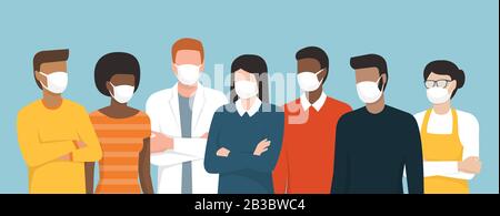 Groupe de personnes portant des masques chirurgicaux et debout ensemble, concept de prévention et de procédures de sécurité Illustration de Vecteur