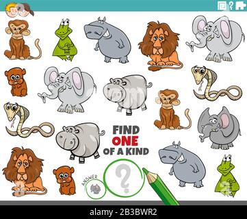 Illustration De Dessin Animé De Trouver Un Jeu D'Éducation D'Une Photo De Type Avec Des Personnages Heureux D'Animaux Sauvages Illustration de Vecteur