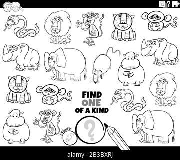 Black And White Cartoon Illustration De Trouver Un Jeu D'Éducation Avec Des Personnages D'Animaux Sauvages Coloring Book Page Illustration de Vecteur