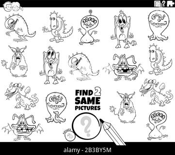 Black And White Cartoon Illustration De Trouver Deux Mêmes Images Jeu Éducatif Pour Enfants Avec Des Personnages Fantaisie De Monsters Drôle Livre De Colorier P Illustration de Vecteur