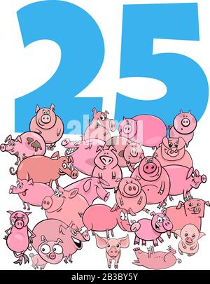 Illustration De Dessin Animé Du Numéro Vingt-Cinq Avec Drôle De Cochons Animal Characters Group Illustration de Vecteur