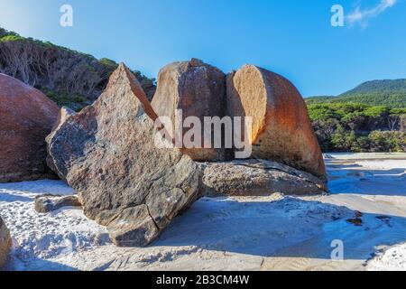 De superbes formations rocheuses orange situées sur la célèbre plage de Squeaky au parc national de Wilsons Promontory, Victoria, Australie Banque D'Images