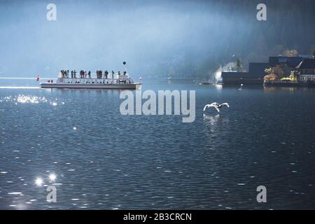 Vue magnifique sur la petite ville célèbre Hallstatt - vieille ville, Autriche. Bateau et cygnes au premier plan Banque D'Images