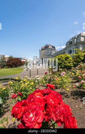 Édifices du Parlement situés à Wellington, en Nouvelle-Zélande. L'aile exécutive est une forme distinctive et est communément appelée Beehive. Banque D'Images