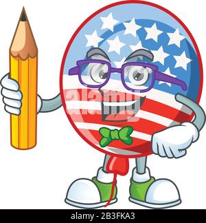 Une icône mascotte de l'étudiant USA rayures ballon personnage tenant crayon Illustration de Vecteur