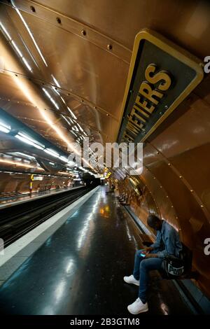 Station de métro Arts et métiers ligne 11 Platform.Paris.France Banque D'Images