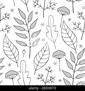 Motif Fleuri Vectoriel Dessiné À La Main, Sans Couture, De Plantes, De Feuilles, De Berries Et De Fleurs. Contour Natural Pattern Sur Un Fond Blanc. Page Livre De Coloriage. Illustration de Vecteur