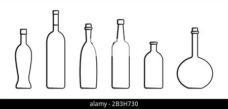 Ensemble De Flacons De Différentes Formes Avec Un Col Étroit. Bouteilles En Verre Pour Diverses Boissons ; Différents Liquides. Image Vectorielle Isolée Sur Un Arrière-Plan Blanc Illustration de Vecteur