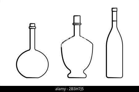 Ensemble De Flacons De Différentes Formes Avec Un Col Étroit. Bouteilles En Verre Pour Diverses Boissons ; Différents Liquides. Image Vectorielle Isolée Sur Un Arrière-Plan Blanc Illustration de Vecteur