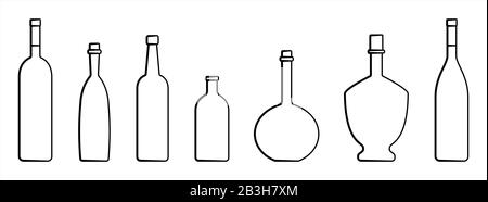 Ensemble De Flacons De Différentes Formes Avec Un Col Étroit. Bouteilles En Verre Pour Diverses Boissons ; Différents Liquides. Image Vectorielle Isolée Sur Un Arrière-Plan Blanc Illustration de Vecteur