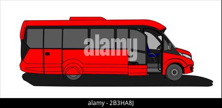 Bus rouge avec porte ouverte, vue Latérale. Bus touristique. Bus touristique. Illustration vectorielle plate moderne sur fond blanc. Illustration de Vecteur