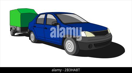 Blue car Avec remorque, vue avant, vue De Trois quarts. Illustration de Vecteur