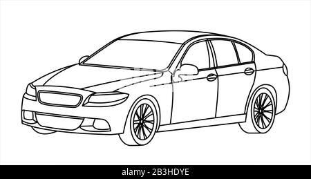 Voiture de tourisme, contour, isolée sur fond blanc, vue de trois quarts. Illustration vectorielle plate moderne. Illustration de Vecteur