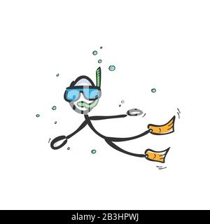 Plongée en mer. Ronflement sous l'eau. Tiré à la main. Dessin animé stickman. Esquisse Doodle, illustration graphique vectorielle Illustration de Vecteur