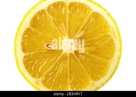 Coupe transversale d'un gros plan de citron isolé sur blanc Banque D'Images