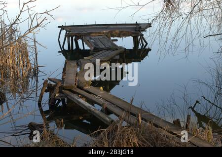 Paysage printanier avec ancien quai de pêche en bois détruit sur la rivière parmi les roseaux. Jetée ou pont abandonné pour la pêche avec réflexion dans le wate Banque D'Images